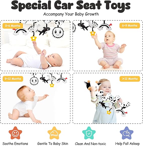 Spiral Car Seat Baby Toys 0-6 Months, Infant Carseat High Contrast Sensory Toys Hanging Stroller Accessories, Newborn Gifts for Baby Boys Girls Essentials, Cute Black and White Cow nirvanaguru