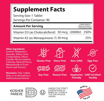 Zahler - Junior Vitamin D3 + K2 Chewable Tablets for Kids| Vitamin D for Kids 2000 IU | Delicious Vitamin D K2 Chews to Support Healthy Bones & Teeth - Kosher, Less Sugar Than Gummies (90 Count) - Nirvana Guru
