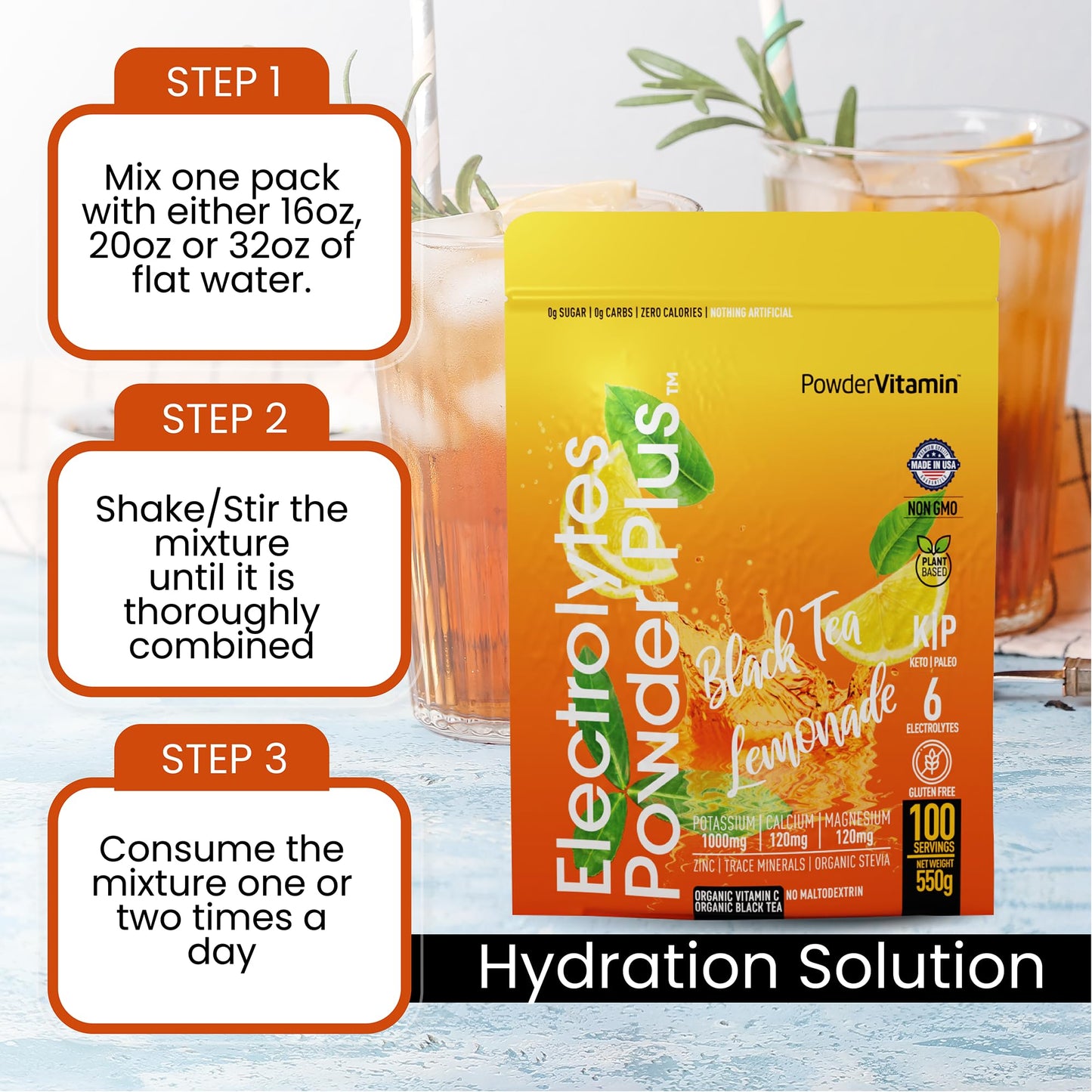 PowerVitamin Lemonade Electrolytes Powder No Sugar for Daily Energy - Keto Electrolytes - Hydration Powder with 1000mg Potassium, 120mg Calcium, Magnesium, Organic Vitamin C, 100 Servings