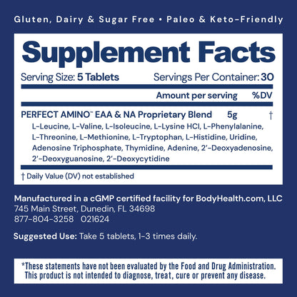 BodyHealth PerfectAmino Tablets (150 ct), Essential Amino Acid with BCAAs + Lysine, Phenylalanine, Threonine, Methionine, Tryptophan, Supplement for Muscle Mass Production, Recovery & Strength - Nirvana Guru