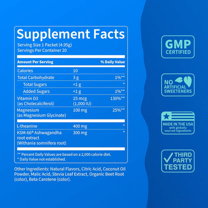 Supercalm Powdered Drink Mix, Raspberry Lemonade, L Theanine, Ksm-66 Ashwagandha, Magnesium Glycinate, Vitamin D 3, Supplements for Relaxation & Focus, No Sugar, Non GMO, On The Go, 20 Ct
