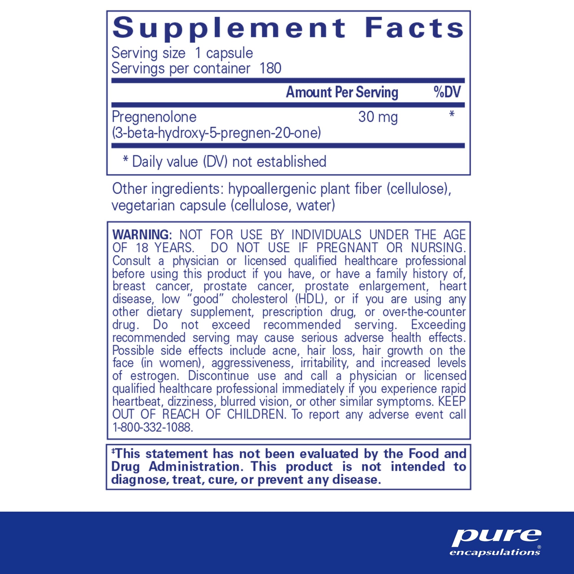 Pure Encapsulations Pregnenolone - 30 mg - Hormone Support - Memory Support & Brain Supplement - Gluten Free & Vegan - 180 Capsules - Nirvana Guru