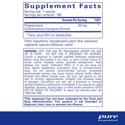 Pure Encapsulations Pregnenolone - 30 mg - Hormone Support - Memory Support & Brain Supplement - Gluten Free & Vegan - 180 Capsules - Nirvana Guru