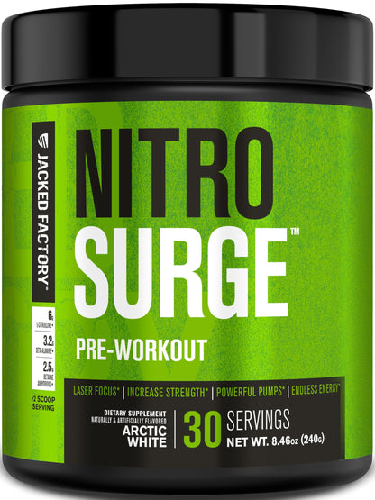 Jacked Factory NITROSURGE Pre Workout Supplement - Energy Booster, Instant Strength Gains, Clear Focus & Intense Pumps - NO Booster & Powerful Preworkout Energy Powder - 30 Servings, Blue Raspberry
