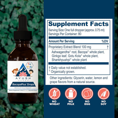 Ayush Herbs BacopaPlus Drops for Kids - Kids Focus and Attention Supplement with Bacopa, Ashwagandha, Ginkgo, Support for Brain & Memory, Organic Ingredients - 2 Fl Oz (80 Servings) Nirvana Guru