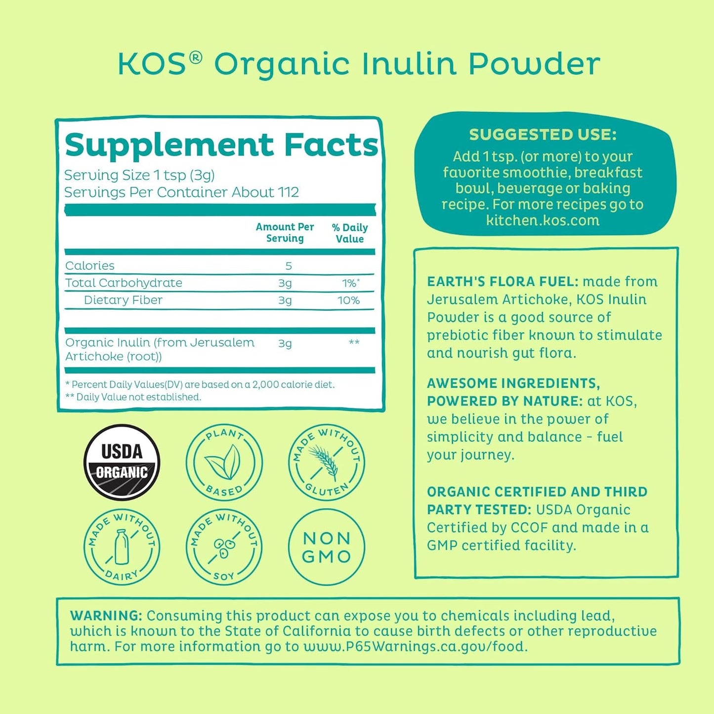 KOS Organic Inulin Powder, Unflavored & Unsweetened Superfood - Vegan Inulin for Prebiotic Intestinal Support, Digestive Health Promoting - USDA Certified, Non-GMO, Soy & Gluten-Free, 112 Servings Bag - Nirvana Guru