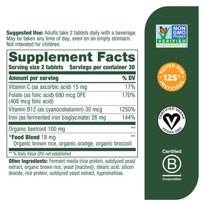 MegaFood Blood Builder Iron Supplement Clinically Shown to Increase Iron Levels Without Side Effects, Vegan Supplement For Women with Vitamin C, Vitamin B12 & Folic Acid, 90 Tablets - Nirvana Guru