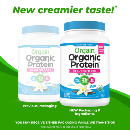 Orgain Organic Vegan Protein + 50 Superfoods Powder, Vanilla Bean - 21g Plant Based Protein, 8g Prebiotic Fiber, No Lactose Ingredients, Gluten Free, No Added Sugar, Non-GMO, 2.02 lb