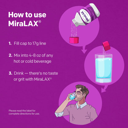 MiraLAX Gentle Constipation Relief Laxative Powder, Stool Softener with PEG 3350, Works Naturally with Water in Your Body, No Harsh Side Effects, Osmotic Laxative, 45 Dose