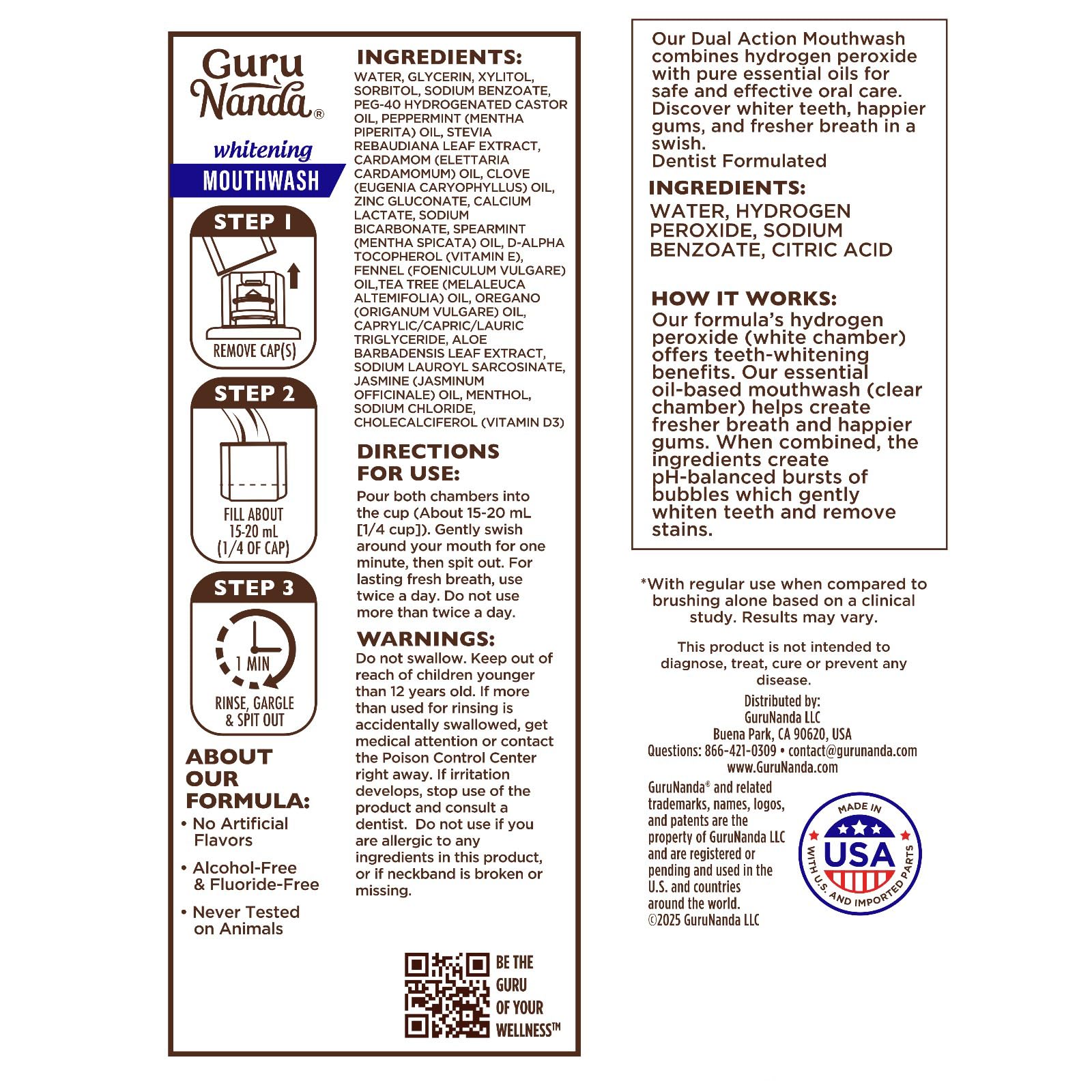 GuruNanda Teeth Whitening Dual Barrel Oxyburst Mouthwash - Alcohol & Fluoride Free, Hydrogen Peroxide to Promote Whiter Teeth - Wild Mint - 20 Fl Oz Nirvana Guru