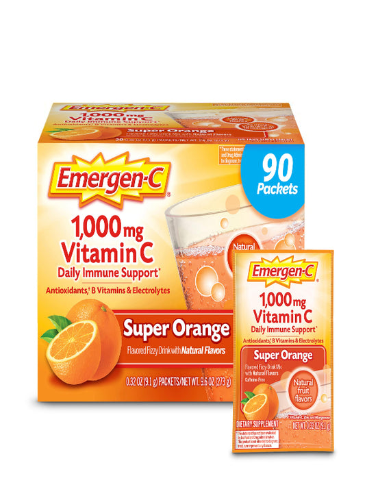 Emergen-C 1000mg Vitamin C Powder for Daily Immune Support Caffeine Free Vitamin C Supplements with Zinc and Manganese, B Vitamins and Electrolytes, Super Orange Flavor - 90 Count/3 Month Supply Nirvana Guru