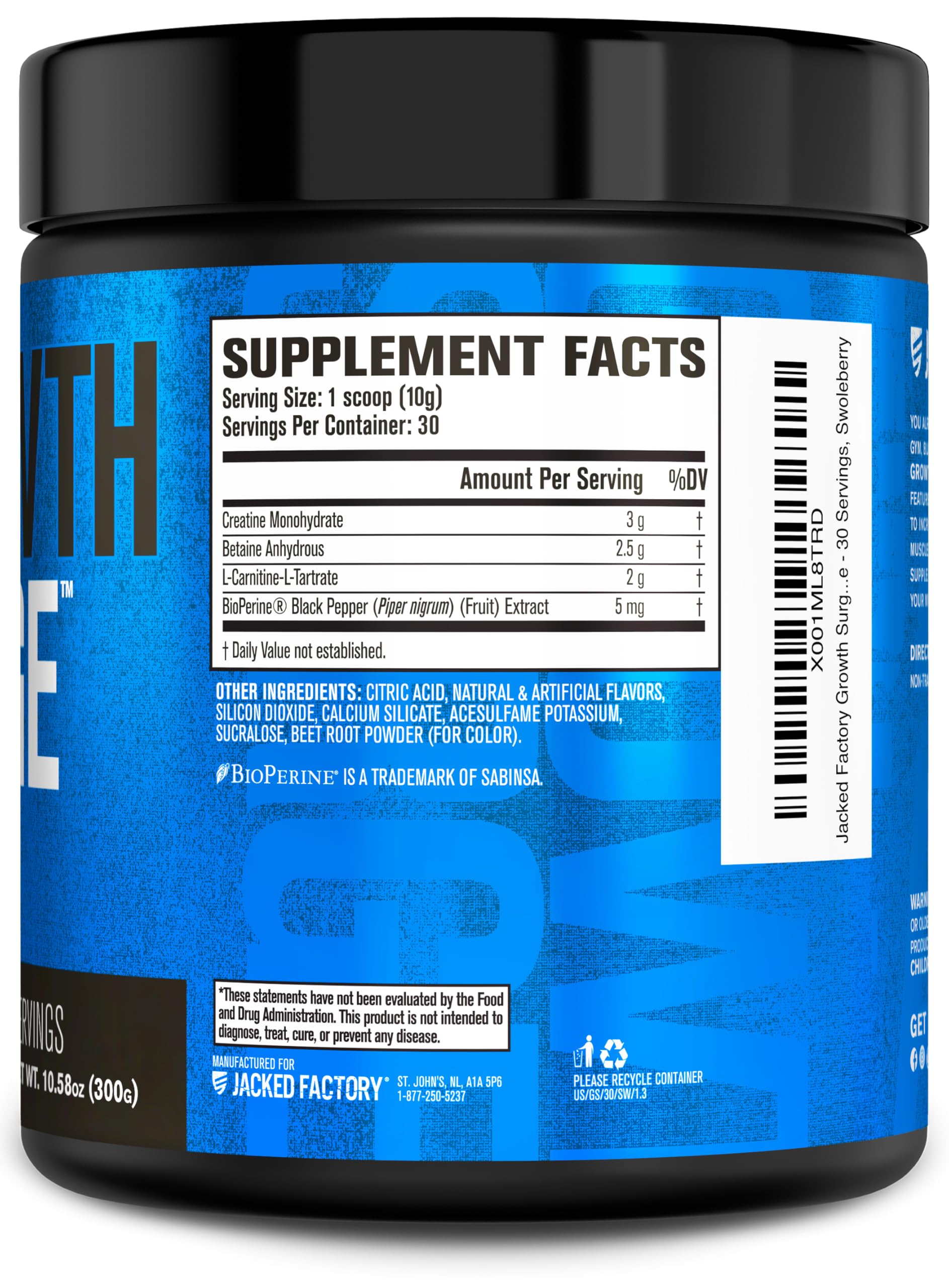 Jacked Factory Growth Surge Creatine Post Workout w/L-Carnitine - Daily Muscle Builder & Recovery Supplement with Creatine Monohydrate, Betaine, L-Carnitine L-Tartrate - 30 Servings, Swoleberry Nirvana Guru