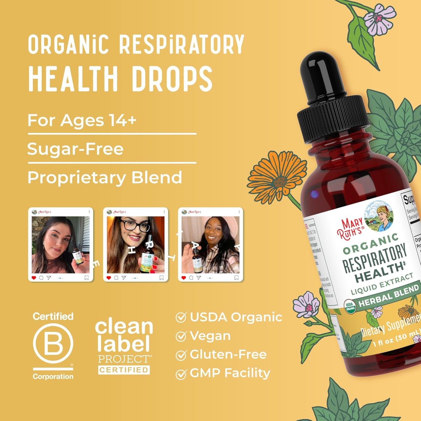 MaryRuth Organics USDA Organic Respiratory Health Liquid Drops with Mullein Leaf | Marshmallow Root & Elderberry | Mullein Drops for Lungs Herbal Blend | Immune Support Supplement | Vegan | 1 Fl Oz - Nirvana Guru