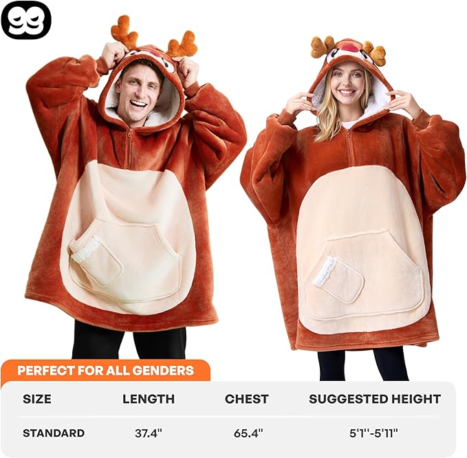 Giggling Getup Wearable Blanket Hoodie for Women Men Sherpa Fleece Hooded Blanket Sweatshirt Warm Cozy Sherpa Wearable Throw Oversized Hoodie with Giant Pocket & Sleeves for Adult Christmas Reindeer nirvanaguru