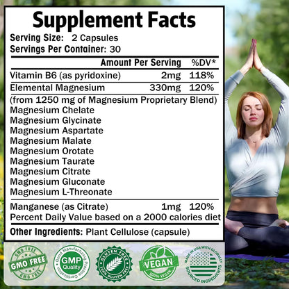 Magnesium Supplement with 9 Forms of High Absorption Magnesium Glycinate, L-threonate, Citrate, Malate and More for Muscle, Brain Support, Non-GMO, Gluten & Soy Free, 60 Capsules Nirvana Guru