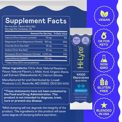 Hi-Lyte Keto K1000 Electrolyte Powder | Raspberry Lemon | Hydration Supplement Drink Mix | Boost Energy & Beat Leg Cramps | No Sugar, No Maltodextrin | 50 Servings