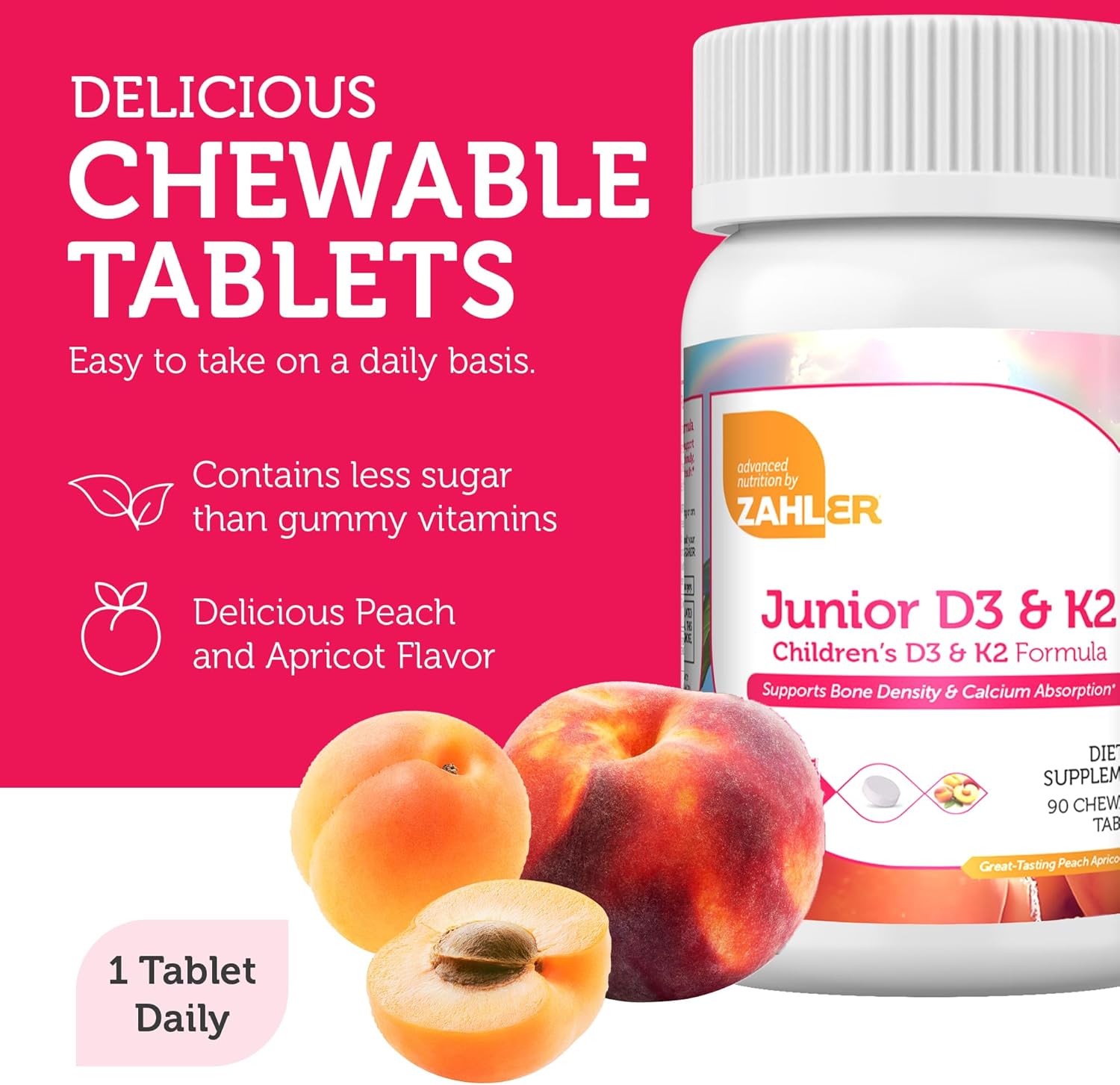 Zahler - Junior Vitamin D3 + K2 Chewable Tablets for Kids| Vitamin D for Kids 2000 IU | Delicious Vitamin D K2 Chews to Support Healthy Bones & Teeth - Kosher, Less Sugar Than Gummies (90 Count) - Nirvana Guru