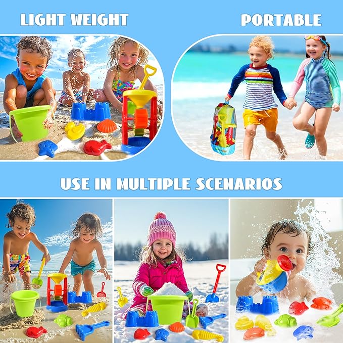 Beach Toys, 19 Piece Sand Toys Set Kids Sandbox Toys Includes Water Wheel Beach Tool Kit Bucket Watering Can Molds with Mesh Bag for Kids Ages 3-13 Nirvana Guru