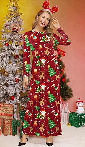 For G and PL Women's Ugly Christmas Maxi Dress Long Sleeve Graphic Outfit with Pockets nirvanaguru