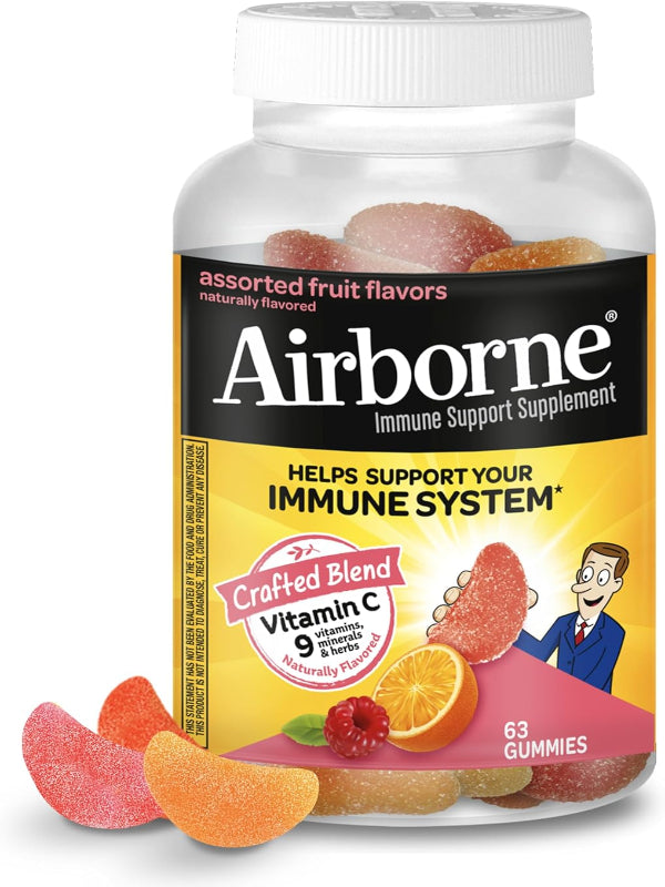 Vitamin C 750mg (per Serving) - Airborne Assorted Fruit Flavored Gummies (63 Count in a Bottle), Gluten-Free Immune Support Supplement with Vitamins A C E, Selenium, Echinacea & Ginger Nirvana Guru