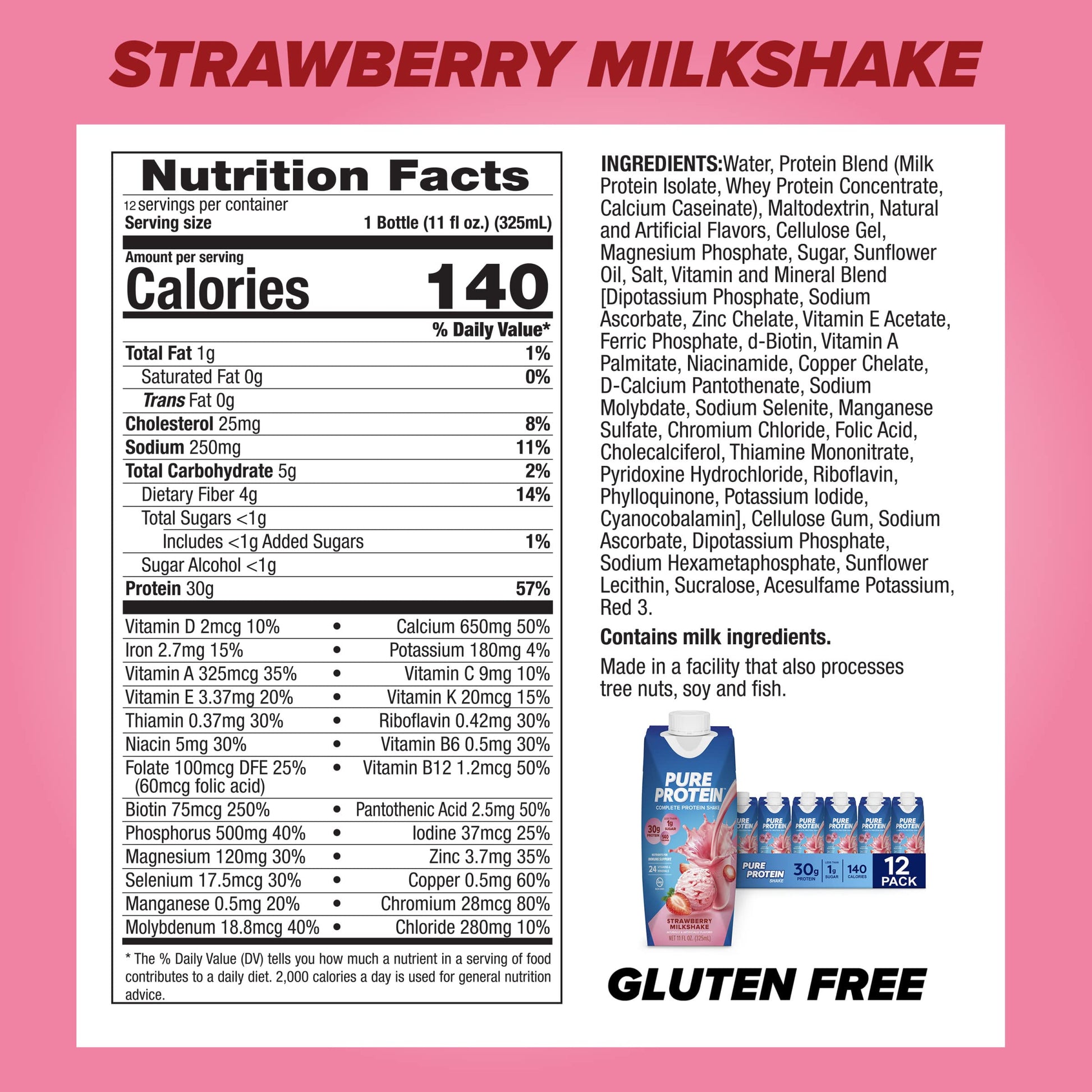 Pure Protein Vanilla Protein Shake, 30g Complete Protein, Vitamins A, C, D, and E plus Zinc to Support Immune Health, Ready to Drink and Keto-Friendly, 11oz Bottles, 12 Pack Nirvana Guru