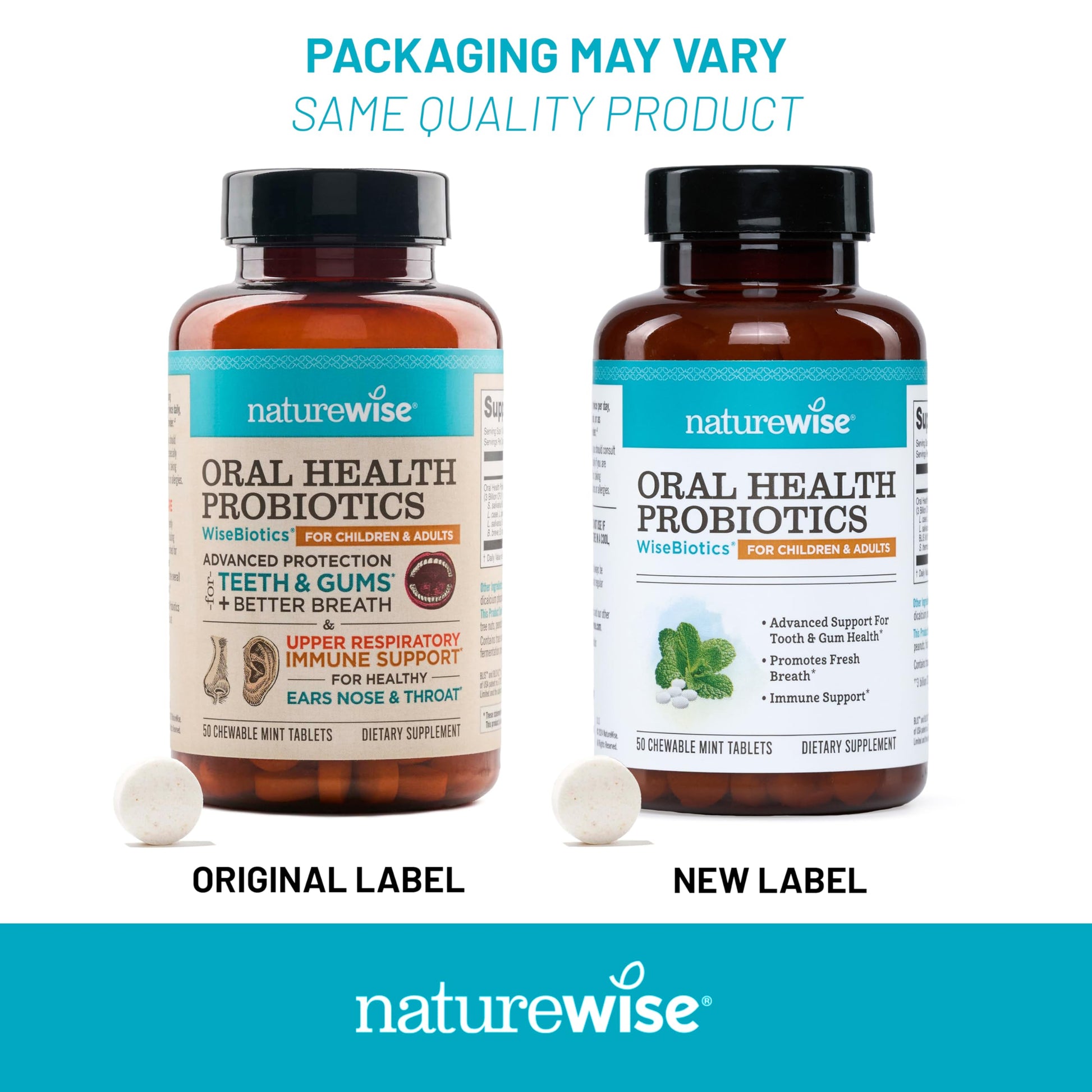NatureWise Oral Probiotics for Teeth & Gums & Fresh Breath* - Chewable Sugar-Free Mint Tablet - Dental Support for Kids & Adults w/ BLIS K12 & M18 - Non-GMO - 50 Count[50-Day Supply] - Nirvana Guru