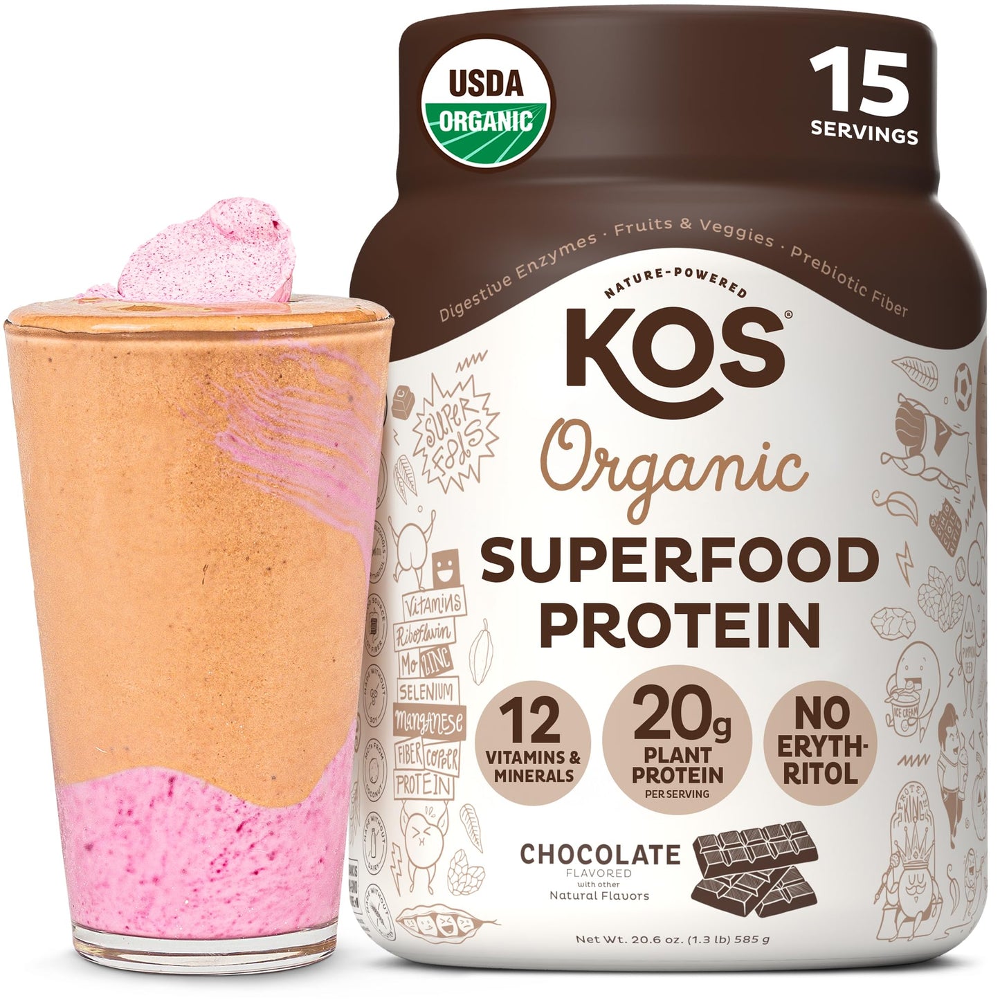 KOS Vegan Protein Powder Erythritol Free, Vanilla USDA Organic - Pea Protein Blend, Plant Based Superfood Rich in Vitamins & Minerals - Keto, Dairy Free - Meal Replacement for Women & Men, 28 Servings - Nirvana Guru