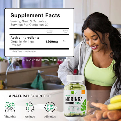 Organic Moringa, Nutrient-Dense Antioxidant Support with Vitamin C, A, E, Calcium, Potassium, Iron, Magnesium, Protein & Amino Acids for Hydration & Energy, Vegan, 1200 MG Per Serving, 90 CT