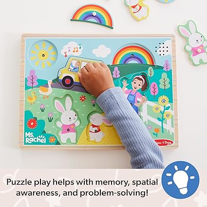 Melissa & Doug® Ms. Rachel™ Wooden Song Peg Puzzle, 6-Piece Light-Activated Sound Puzzle with Full Songs, Toddler Toys for Boys and Girls Ages 2-5+ Years - FSC Certified nirvanaguru