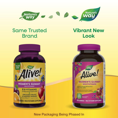 Nature's Way Alive! Women's Daily Gummy Multivitamins, 16 Vitamins & Minerals, Energy Metabolism*, Hair Skin & Nails*, Vegetarian, Mixed Berry Flavored, 150 Gummies (Packaging May Vary) - Nirvana Guru
