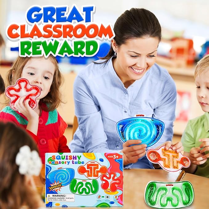 Squishy Sensory Toys for Kids - 4 Pack Fidget Toy Sensory Maze for Autism - Stress Relief Toys for Calm Down - Squeeze Fidget Toy Filled Goo, Glitter, Prizes for Kids Classroom,Classroom Must Haves nirvanaguru