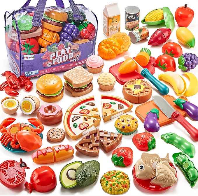 Pretend Play Food for Kids Kitchen - 78Pc Cutting Toy with Storage Bag, Toys Veggies, Fruits, Fake Pizza Toy, Food, Accessories, Boys Girls Gift, 9.5 x 7 x 6 in (ZY-78) nirvanaguru