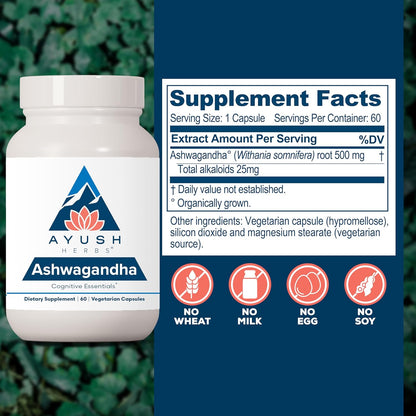 Ayush Herbs Ashwagandha Capsules - Ashwagandha for Men & Women, Ashwagandha Supplements, Pure Ashwagandha Root Powder for Stress, 500mg per Pill - 60 Vegetarian Caplets (1 Count) Nirvana Guru