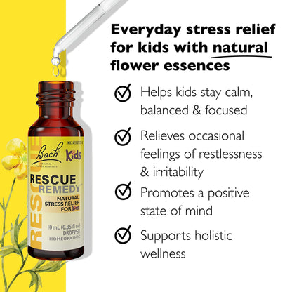 Bach RESCUE REMEDY KIDS Dropper 10mL, Natural Stress Relief, Homeopathic Flower Essence, Vegan, Gluten & Sugar-Free, Kid-friendly, Non-alcohol Formula - Nirvana Guru