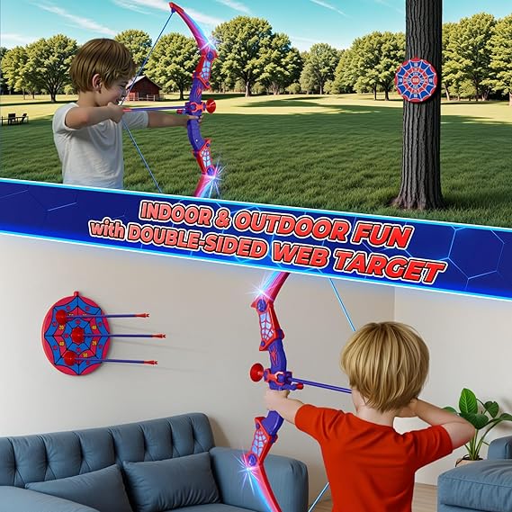 Spider Toys for Boys Age 3-4 4-6 6-8 8-12, Kids Toy BowArrow Shooting Set with Red & Blue LED Lights, Spider Quiver & Web Target, 8 Suction Cup Arrows, Toys Gifts for 3 4 5 6 7 8 9 10 12 Year Old Boys nirvanaguru