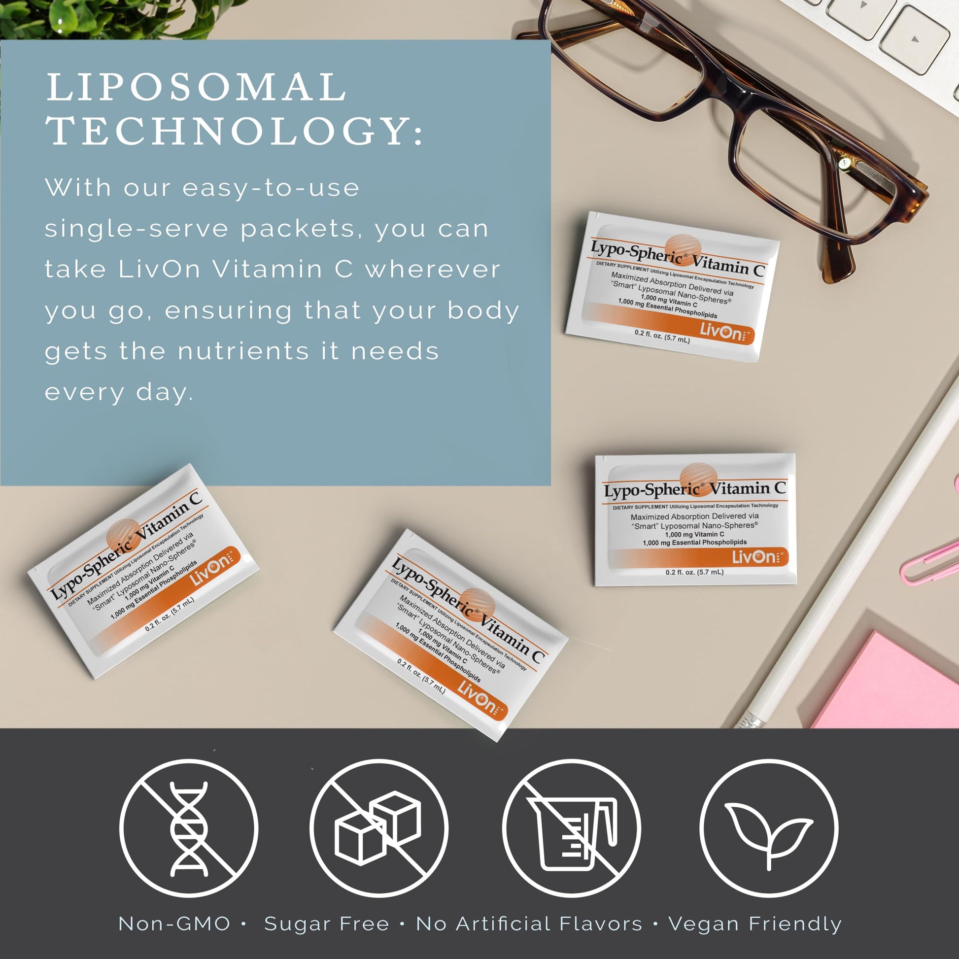 LivOn Laboratories Lypo–Spheric Liposomal Vitamin C 1000mg - No Sugar, Immune Support, Plant Based - Easy to Swallow, Absorbable, Individual Packets - Non–GMO, Gluten Free(0.2floz30 Packets) Nirvana Guru
