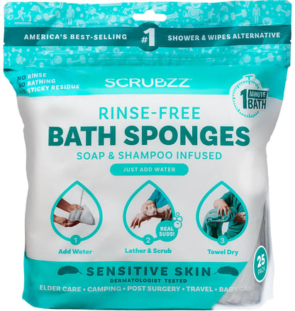 Scrubzz Disposable Rinse Free Bathing Wipes - 25 Pack - All-in-1 Single Use Shower Wipes, Simply Dampen, Lather, and Dry Without Shampoo or Rinsing Nirvana Guru