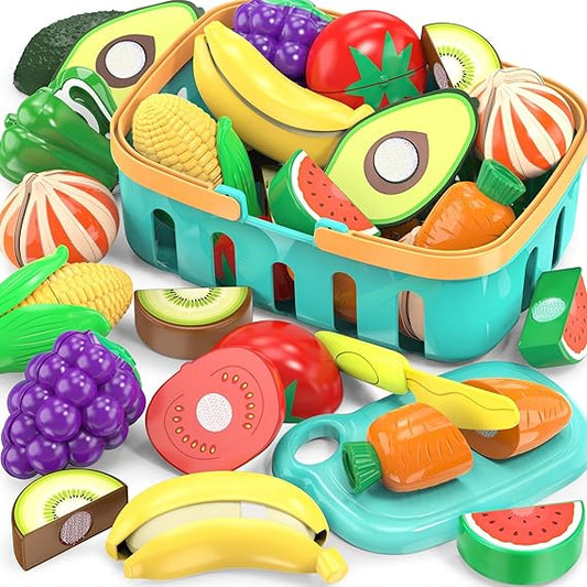 Cutting Play Food Toys For Kids, Pretend Play Kitchen Accessories, Fake Fruits/Vegetables Set With Shopping Storage Basket, Plastic Board And Knife, Birthday Gifts/Educational Toy For Toddler Children nirvanaguru