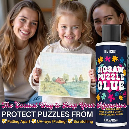 Jigsaw Puzzle Glue Clear, 200ML Puzzle Glue with Two Applicators, Easily Preserves Finished Puzzles, Quick-Drying, Non-Toxic & Clear Water-Soluble puzzle glue Kit for Adults, for 3000/4500/5000 Pieces nirvanaguru