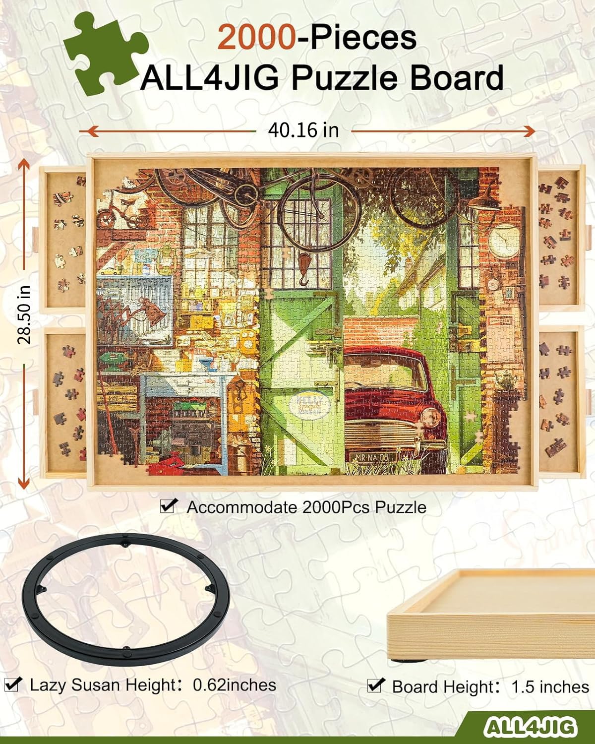 ALL4JIG 1500 Piece Rotating Puzzle Board with Drawers and Cover,25"x34"Portable Wooden Jigsaw Puzzle Table for Adults Portable,Lazy Susan Spinning Puzzle Boards Birthday Gift for mom Nirvana Guru