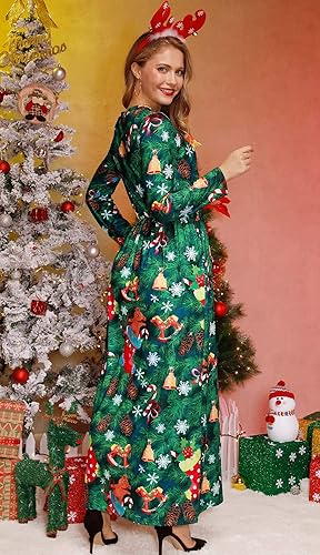 For G and PL Women's Ugly Christmas Maxi Dress Long Sleeve Graphic Outfit with Pockets nirvanaguru