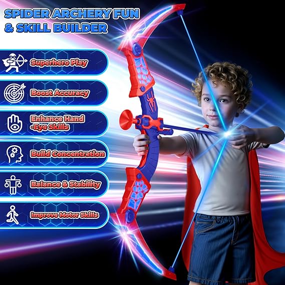 Spider Toys for Boys Age 3-4 4-6 6-8 8-12, Kids Toy BowArrow Shooting Set with Red & Blue LED Lights, Spider Quiver & Web Target, 8 Suction Cup Arrows, Toys Gifts for 3 4 5 6 7 8 9 10 12 Year Old Boys nirvanaguru