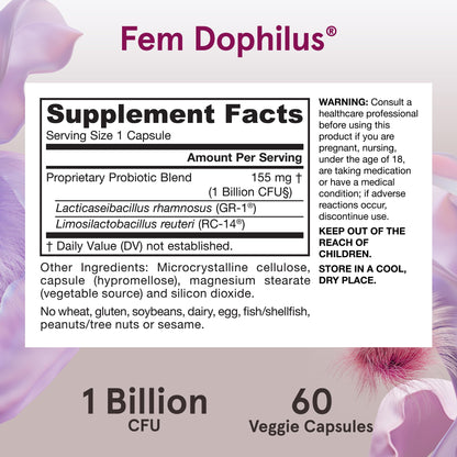 Jarrow Formulas Fem-Dophilus Probiotics 1 Billion CFU With 2 Clinically Effective Strains, Dietary Supplement for Vaginal Health and Urinary Tract Health, 60 Veggie Capsules, 60 Day Supply - Nirvana Guru