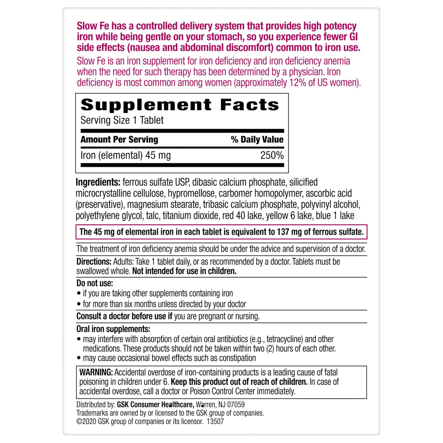 Slow Fe 45mg Iron Supplement for Iron Deficiency, Slow Release, High Potency, Easy to Swallow Tablets - 60 Count Nirvana Guru