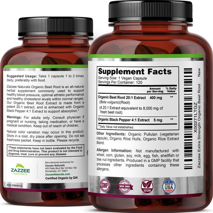 Zazzee USDA Organic Beet Root 8000 mg Strength 20:1 Extract, 120 Vegan Quick Release Capsules, Black Pepper Extract for Enhanced Absorption, Supports Nitric Oxide Production, Non-GMO, Made in The USA Nirvana Guru