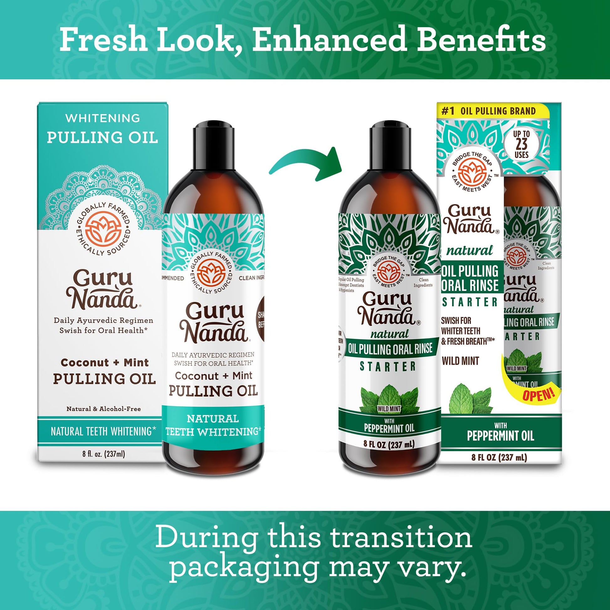 GuruNanda Starter Pulling Oil Mouthwash for Natural Teeth Whitening, Coconut and Peppermint Oil for Fresh Breath & Happy Gums, Alcohol-Free, 8 Oz Nirvana Guru