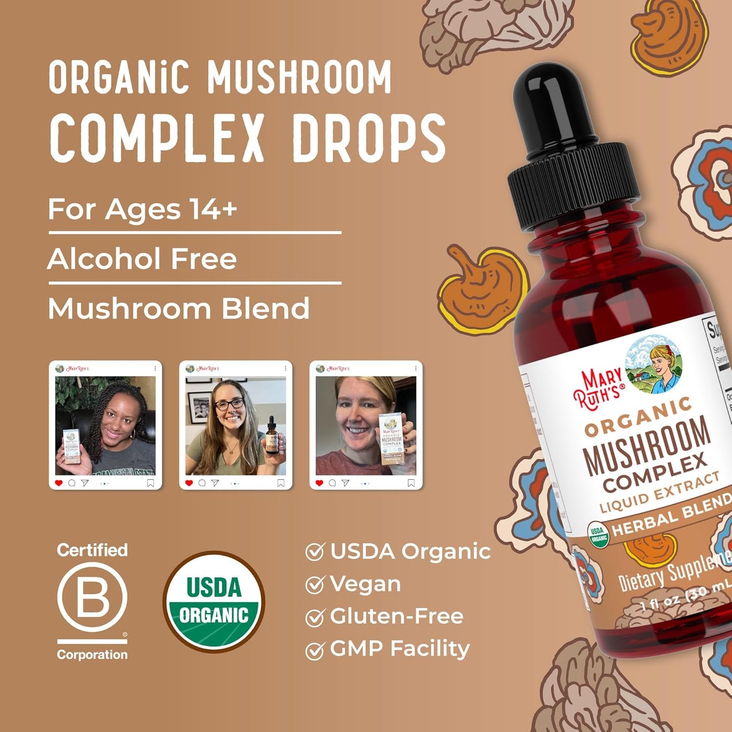 MaryRuth Organics USDA Mushroom Complex | Herbal Liquid Drops | Supplement | Lion's Mane | Reishi Mushroom | Shiitake Mushrooms | Non-GMO | Vegan | Alcohol Free Tincture | 30 Servings - Nirvana Guru