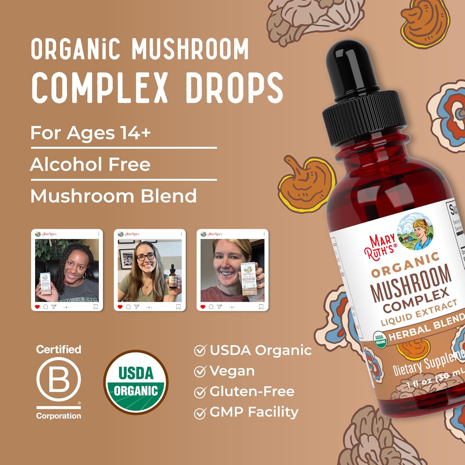 MaryRuth Organics USDA Mushroom Complex | Herbal Liquid Drops | Supplement | Lion's Mane | Reishi Mushroom | Shiitake Mushrooms | Non-GMO | Vegan | Alcohol Free Tincture | 30 Servings - Nirvana Guru