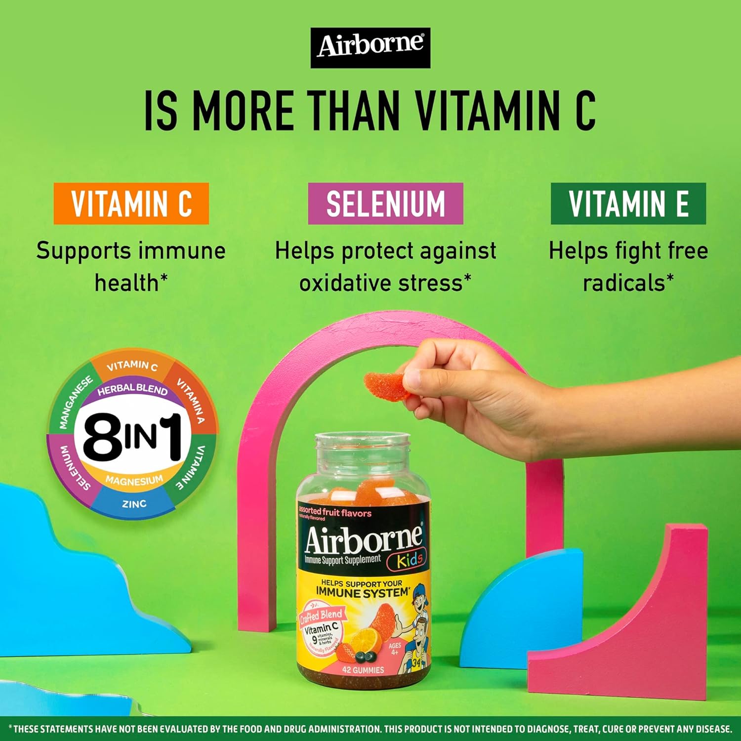 Airborne Vitamin C 500mg (per Serving) Kids Assorted Fruit Flavored Gummies (42 Count in a Bottle), Gluten-Free Immune Support Supplement with Vitamins A C E, Selenium, Echinacea & Ginger Nirvana Guru