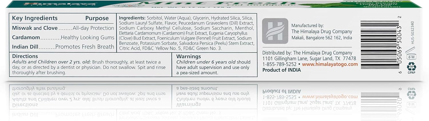 Himalaya Mint Fresh Gel Toothpaste, Fluoride Free to Reduce Plaque & Brighten Teeth, 6.17 oz, 2 Pack - Nirvana Guru